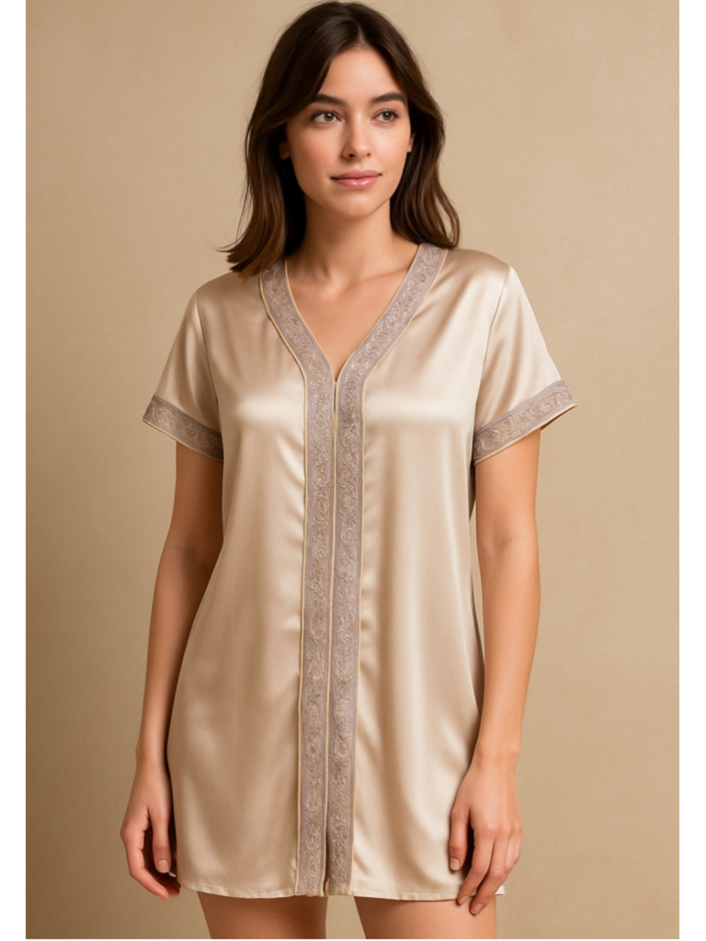 VTG Cabernet Sleepwear Champagne Gold Satin Embroidered Nightgown Dress. M